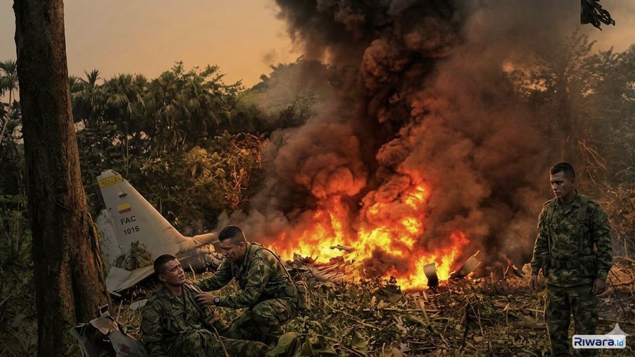 Ilustrasi pesawat C-130 Hercules militer Columbia yang jatuh, dibuat dengan bantuan AI